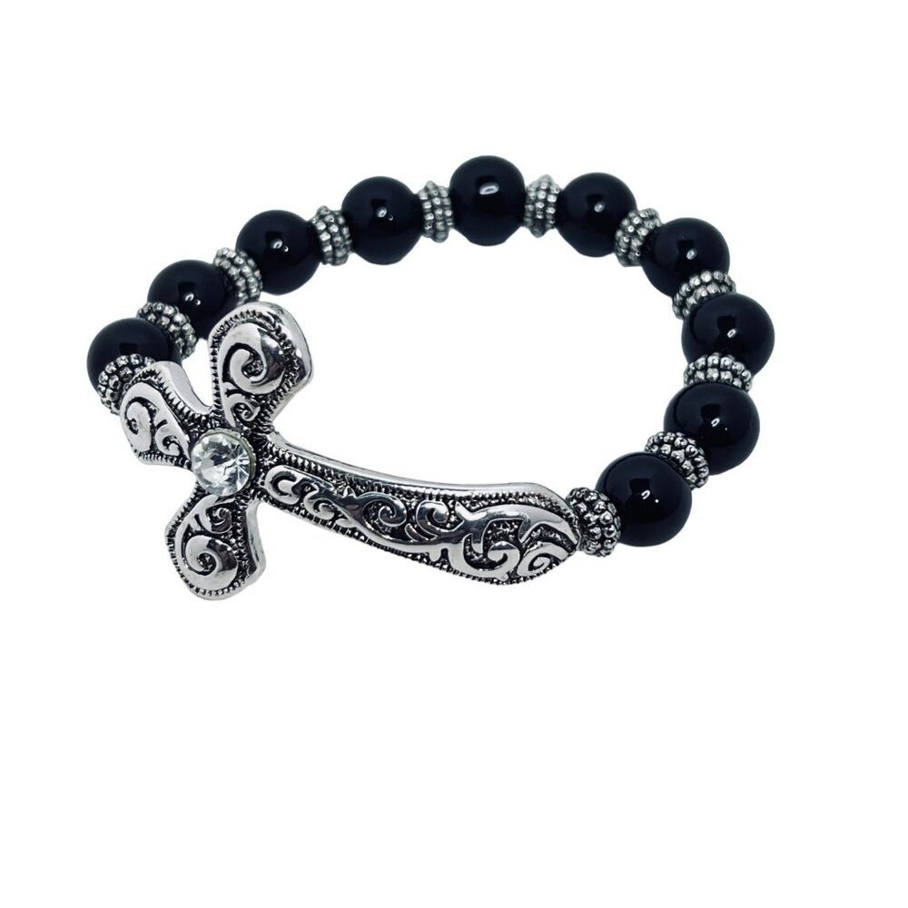 Silver Tone, Black & Clear Rhinestone Beaded Cross Stretch Bracelet (5495) - Picture 2 of 3